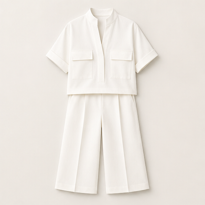 White Tailored Two-Piece Set | Short Sleeve Top & Wide-Leg Culottes - Smart Casual Matching Set White