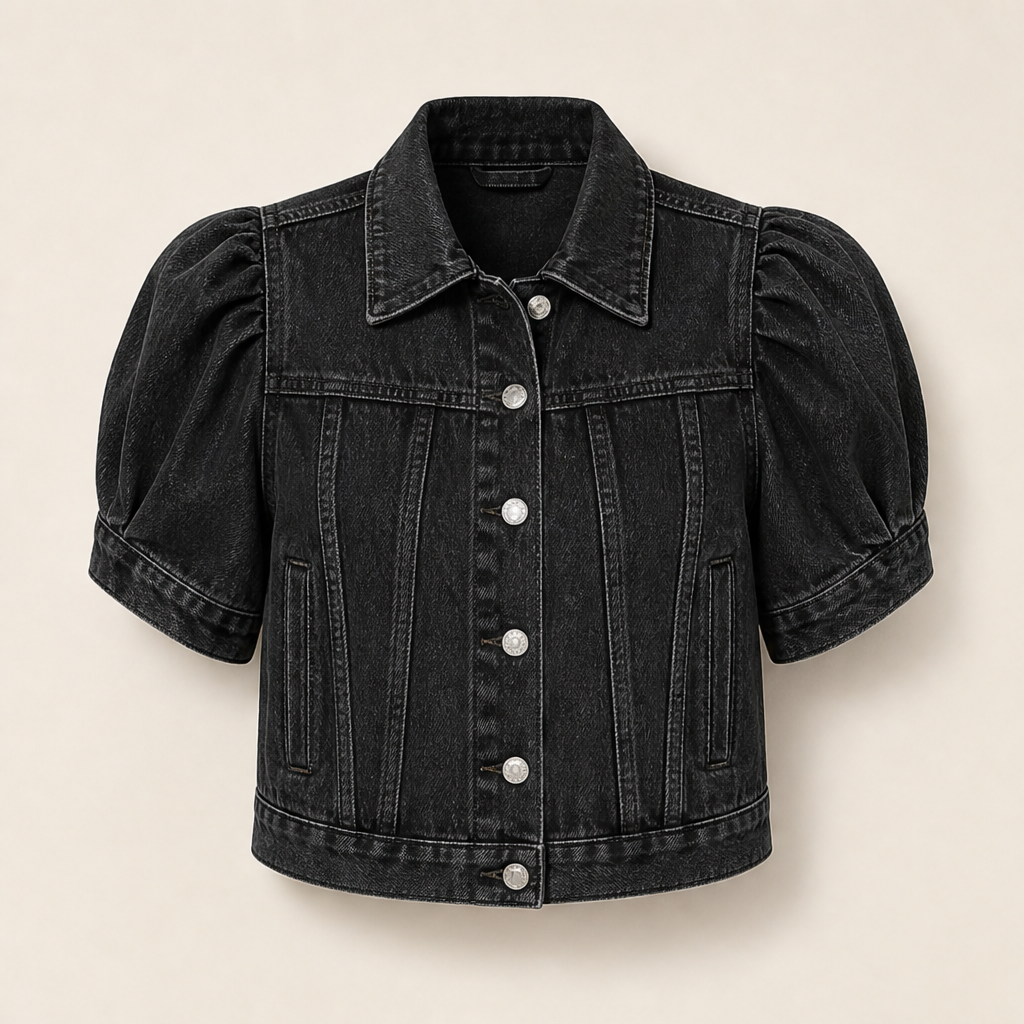 Light Blue Denim Crop Jacket | Vintage Bubble Sleeve Slim Fit - Cropped Jean Jacket for Women Black