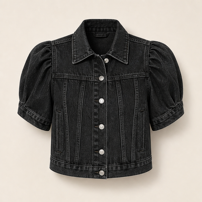 Light Blue Denim Crop Jacket | Vintage Bubble Sleeve Slim Fit - Cropped Jean Jacket for Women Black