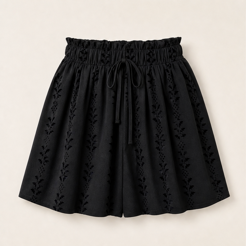 Marisol Women's Bohemian High Waist Print Shorts - Paperbag Waist Wide Leg Flowy Boho Shorts Black