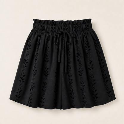 Marisol Women's Bohemian High Waist Print Shorts - Paperbag Waist Wide Leg Flowy Boho Shorts Black