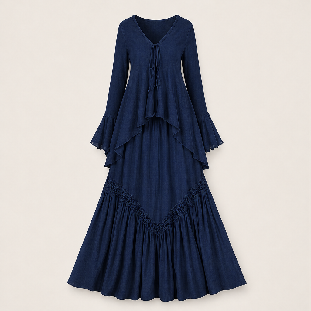 Navy Two Piece Maxi Skirt Set | Boho Asymmetric Top & Tiered Skirt - Long Sleeve Outfit Navy