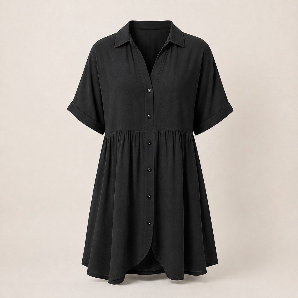 Marlowe Women's Short Sleeve Babydoll Dress - Button Down Shirt Dress with Pockets Black