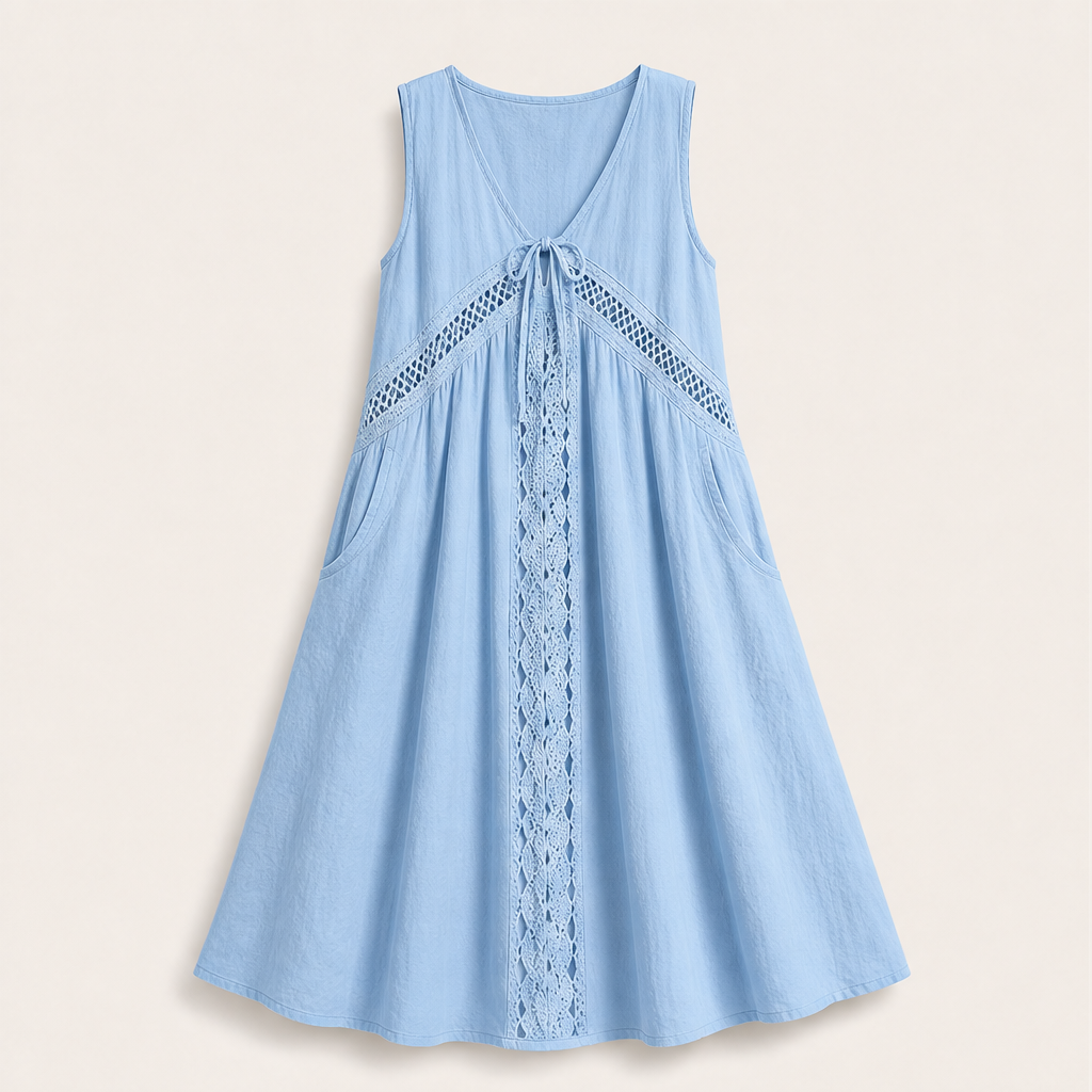 Marisol Women's V-Neck Tie-Front Lace Trim Midi Dress with Hidden Side Pockets - Sleeveless A-Line Summer Dress Blue