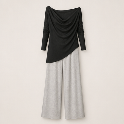 Black Cowl Neck Two Piece Set | Off Shoulder Top & Wide Leg Trousers - Women's Matching Outfit Black