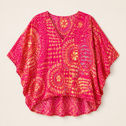 Fuchsia Floral Print Dolman Top | V-Neck Boho Blouse for Women - Batwing Sleeve Fuchsia