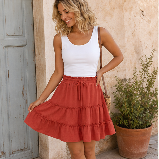 Rust Tiered Skort | Flowy Ruffle Mini Skirt with Built-In Shorts - Pockets & Drawstring Waist features