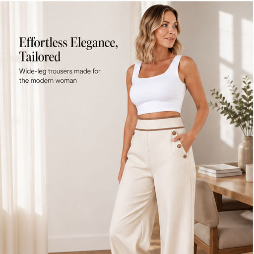 Ecru Wide-Leg Trousers | High-Waisted Tailored Trousers for Women - Contrast Trim with Button Detail features