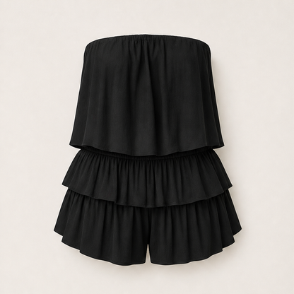 Marisol Women's Off-The-Shoulder Smocked Romper - Strapless Tiered Ruffle Playsuit Black