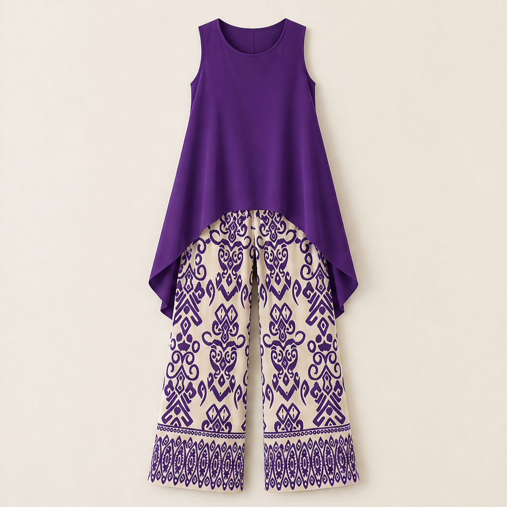 Purple Sleeveless Top & Wide Leg Trouser Set | Ikat Print Two-Piece Outfit for Women Purple