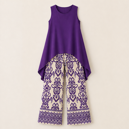 Purple Sleeveless Top & Wide Leg Trouser Set | Ikat Print Two-Piece Outfit for Women Purple