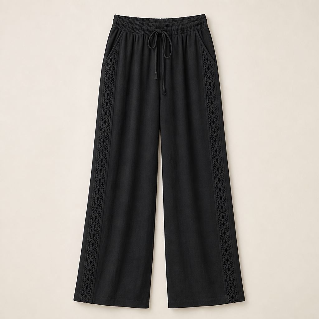 Teal Lace Trim Trousers | Bohemian Wide Leg Linen Style - Elastic Waist Holiday Pants Black
