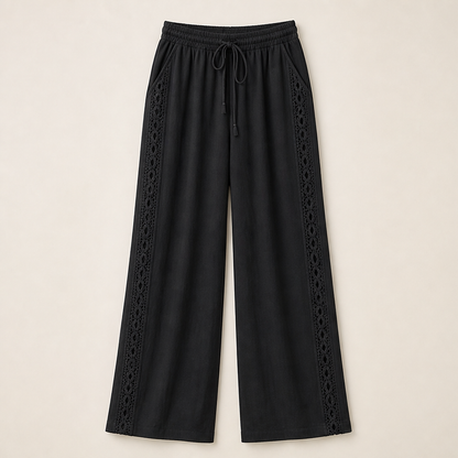 Teal Lace Trim Trousers | Bohemian Wide Leg Linen Style - Elastic Waist Holiday Pants Black