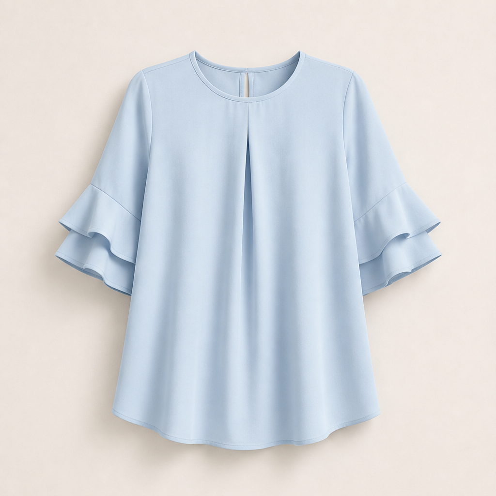 Light Blue Ruffle Sleeve Blouse | Tiered Bell Sleeve Top for Women - Round Neck with Front Pleat Light Blue