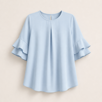 Light Blue Ruffle Sleeve Blouse | Tiered Bell Sleeve Top for Women - Round Neck with Front Pleat Light Blue