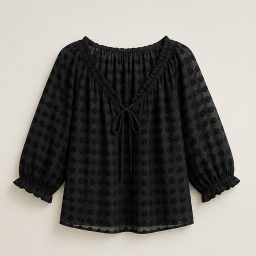 Beige Print Polka Dot Blouse | Lace-Up V-Neck Top - 3/4 Sleeve Boho Style Black
