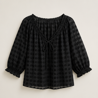 Beige Print Polka Dot Blouse | Lace-Up V-Neck Top - 3/4 Sleeve Boho Style Black