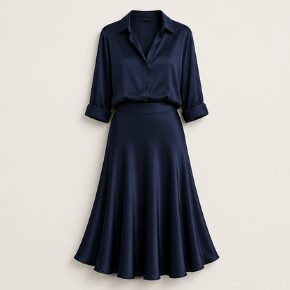 Grey Satin Shirt & Midi Skirt Set | Two Piece Button Down Top with High Waist Flared Skirt Navy