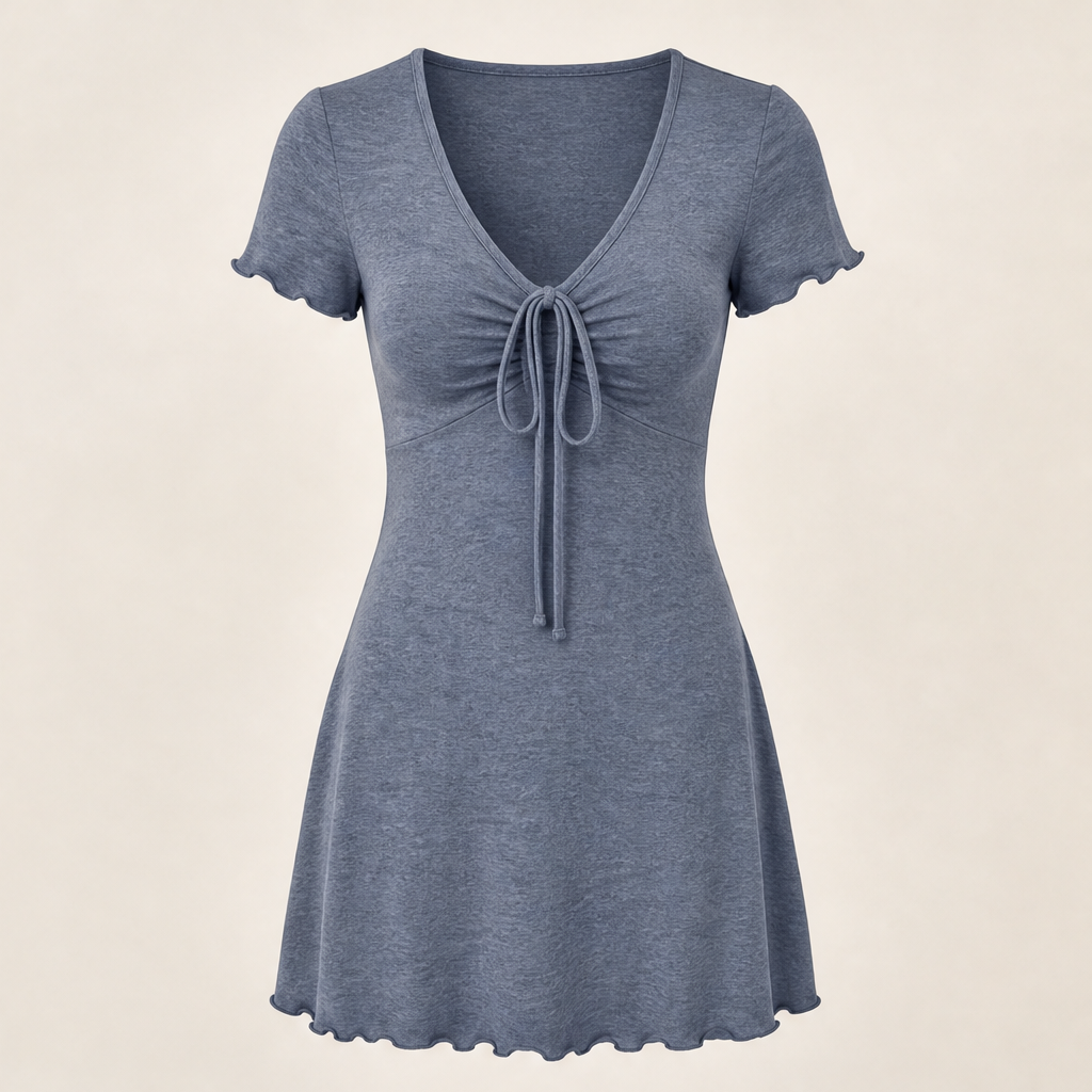 Taupe V-Neck Mini Dress | Cinch-Tie Front Fit-and-Flare - Short Sleeve Bodycon Style Slate Blue