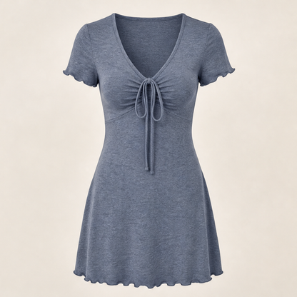 Taupe V-Neck Mini Dress | Cinch-Tie Front Fit-and-Flare - Short Sleeve Bodycon Style Slate Blue