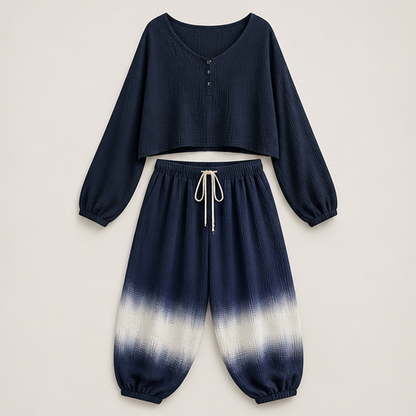 Olive Ombre Two Piece Matching Set | Bohemian Cotton Gauze Top & Harem Trousers - Loose Casual Style Navy