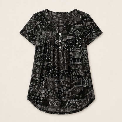 Black Paisley Print V-Neck Top | Casual Short Sleeve Blouse for Women - Relaxed Fit Henley Tunic Black