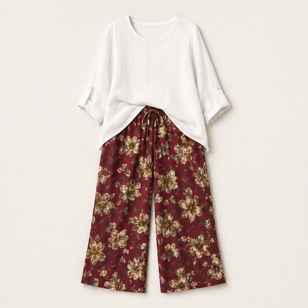 Marisol Women's Boho Two-Piece Cotton Linen Top & Wide-Leg Trouser Set - Floral Print Roll-Sleeve Blouse & Palazzo Trousers White