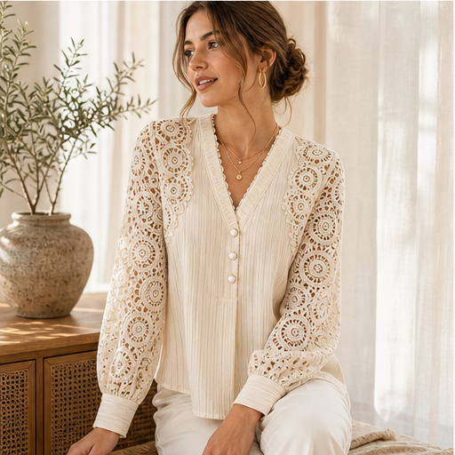 Cream Lace V-Neck Top | Crochet Sleeve Blouse for Women - Long Sleeve Pintuck Top features