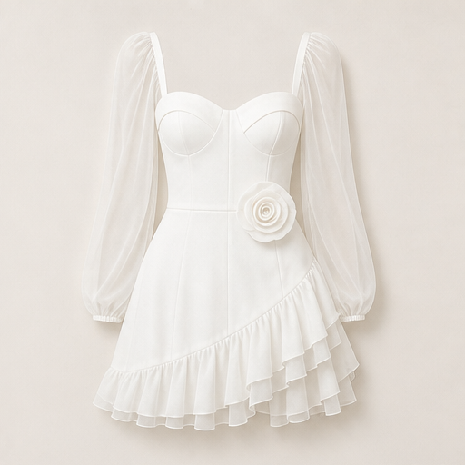 Black Sheer Sleeve Mini Dress | 3D Rose Bustier with Ruffle Hem - Chiffon Balloon Sleeve White