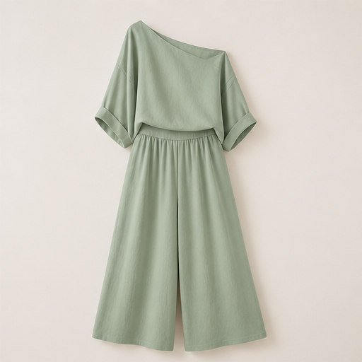 Ivory Off-Shoulder Wide Leg Set | Two-Piece Linen-Look Top & Trousers - Matching Set for Women Sage