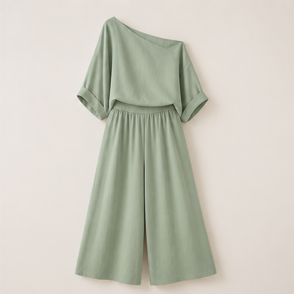 Ivory Off-Shoulder Wide Leg Set | Two-Piece Linen-Look Top & Trousers - Matching Set for Women Sage