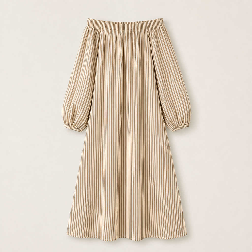 Beige Stripe Off Shoulder Maxi Dress | Lantern Sleeve Boho Dress - Relaxed Fit with Side Pockets Beige Stripe