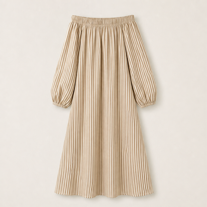 Beige Stripe Off Shoulder Maxi Dress | Lantern Sleeve Boho Dress - Relaxed Fit with Side Pockets Beige Stripe