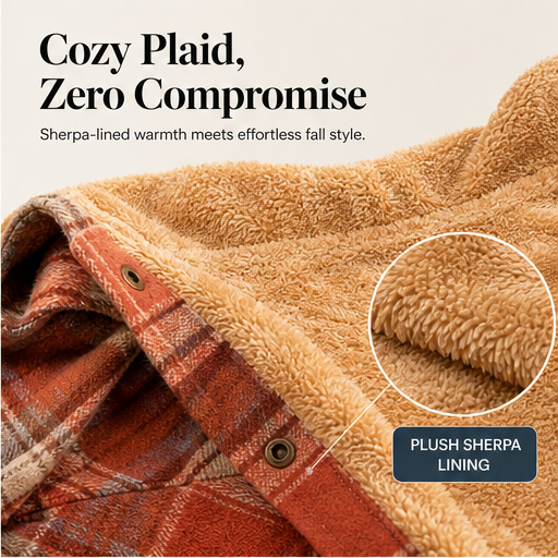 Rust Plaid Flannel Shacket | Hooded Sherpa-Lined Jacket for Women - Thick Checked Coat features