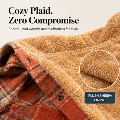 Rust Plaid Flannel Shacket | Hooded Sherpa-Lined Jacket for Women - Thick Checked Coat features