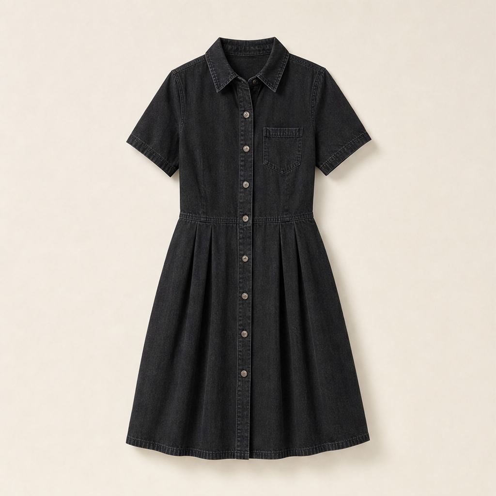 Blue Denim Shirt Dress | Button-Front A-Line Midi - Short Sleeve with Pockets Black
