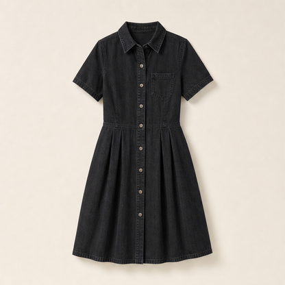 Blue Denim Shirt Dress | Button-Front A-Line Midi - Short Sleeve with Pockets Black