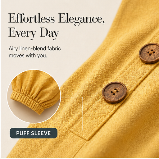 Mustard V-Neck Maxi Dress | Casual Puff Sleeve Long Dress - Linen-Blend with Pockets features