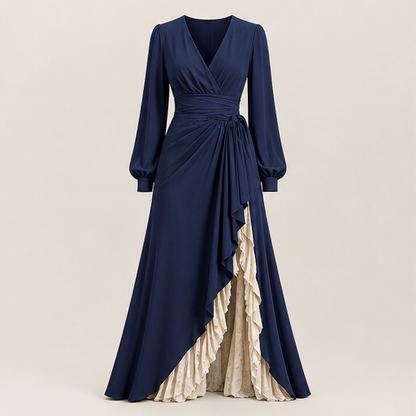 Brown Wrap V-Neck Maxi Dress | Lantern Sleeve Formal Gown - Ruffle Slit Two-Layer Skirt Navy