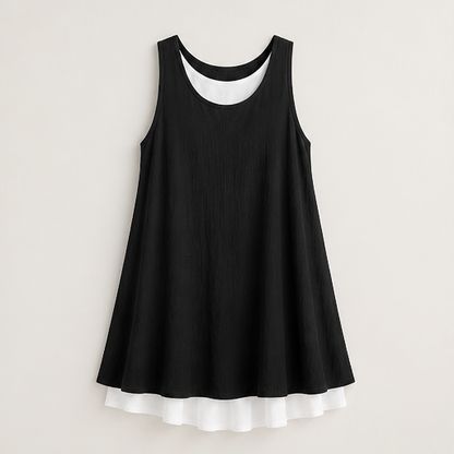 Grey Layered Hem Swing Dress | Sleeveless Linen-Blend Mock Two-Piece - A-Line with Pockets Black