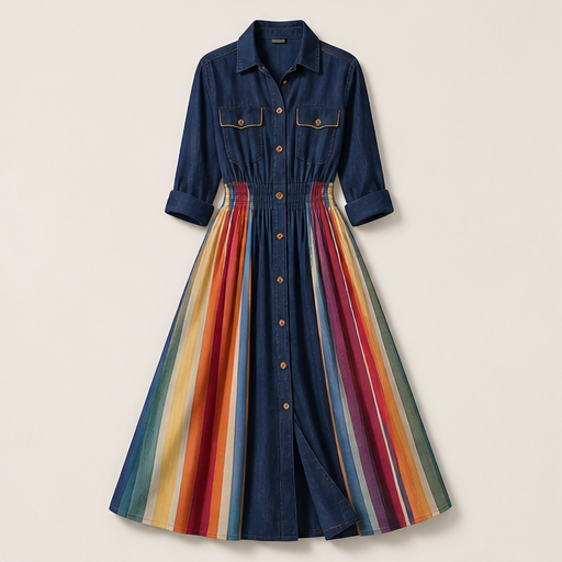 Navy Collar Rainbow Stripe Maxi Dress | Boho Shirt Dress with Elastic Waist - Long Length Split Skirt Indigo