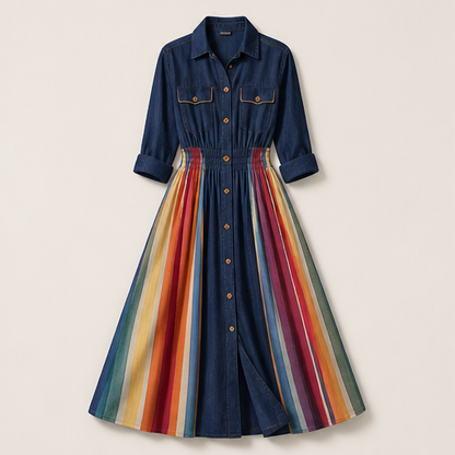 Navy Collar Rainbow Stripe Maxi Dress | Boho Shirt Dress with Elastic Waist - Long Length Split Skirt Indigo