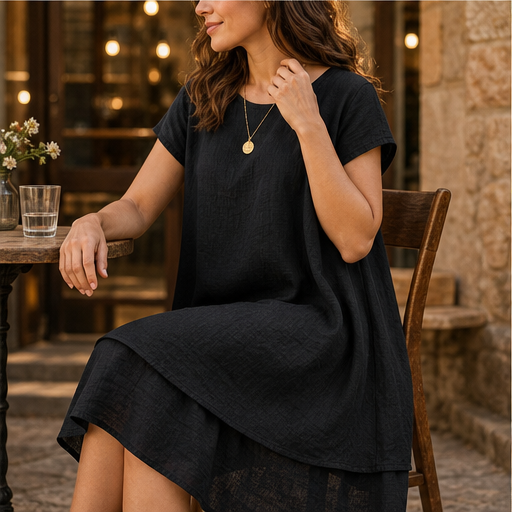 Black Loose Fit Midi Dress | Cotton Linen Tiered Hem Dress for Women - Round Neck A-Line features
