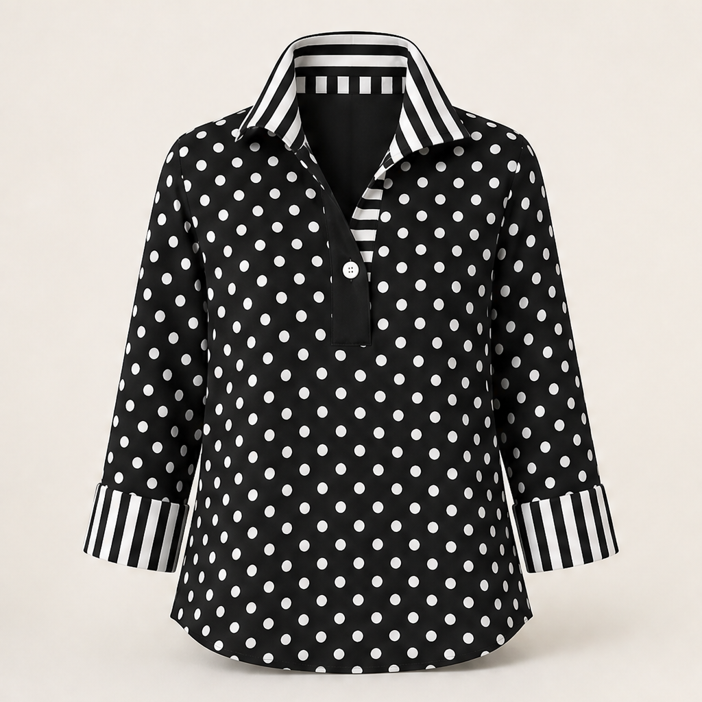 Pink Polka Dot Blouse | Contrast Stripe Popover Top for Women - 3/4 Sleeve Cotton Shirt Black