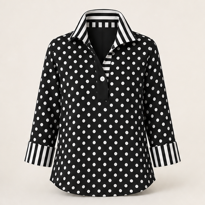 Pink Polka Dot Blouse | Contrast Stripe Popover Top for Women - 3/4 Sleeve Cotton Shirt Black