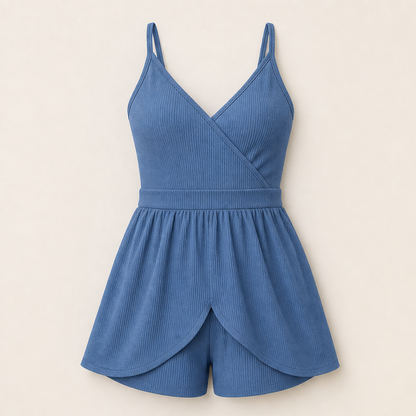 Blue Ribbed V-Neck Romper | Fitted Playsuit with Built-In Skirt - Wrap Front Summer Romper for Women Blue