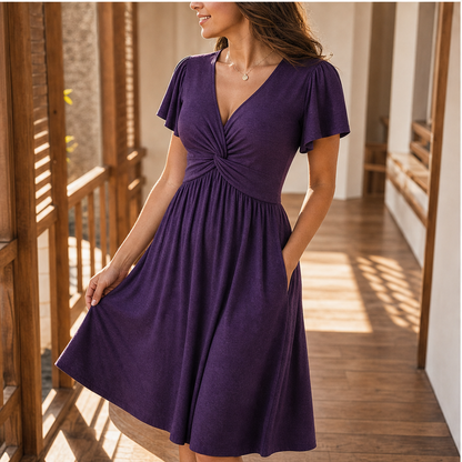 Purple Twist Front V-Neck Dress | Flutter Sleeve Midi with Hidden Pockets - Flowy Fit features