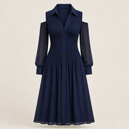 Brown Cold Shoulder Midi Dress | Chiffon Sleeve Shirt Dress - Ruched Waist Button Front Navy