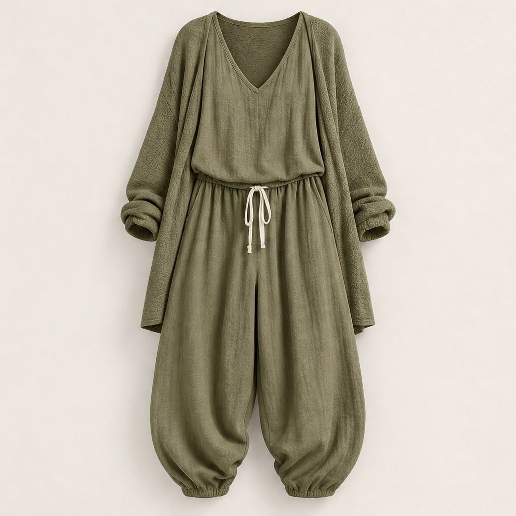 Green Three-Piece Harem Trouser Set | Tank Top, Cardigan & Wide-Leg Pants - Women's Knit Loungewear Olive