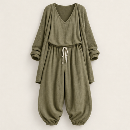 Green Three-Piece Harem Trouser Set | Tank Top, Cardigan & Wide-Leg Pants - Women's Knit Loungewear Olive